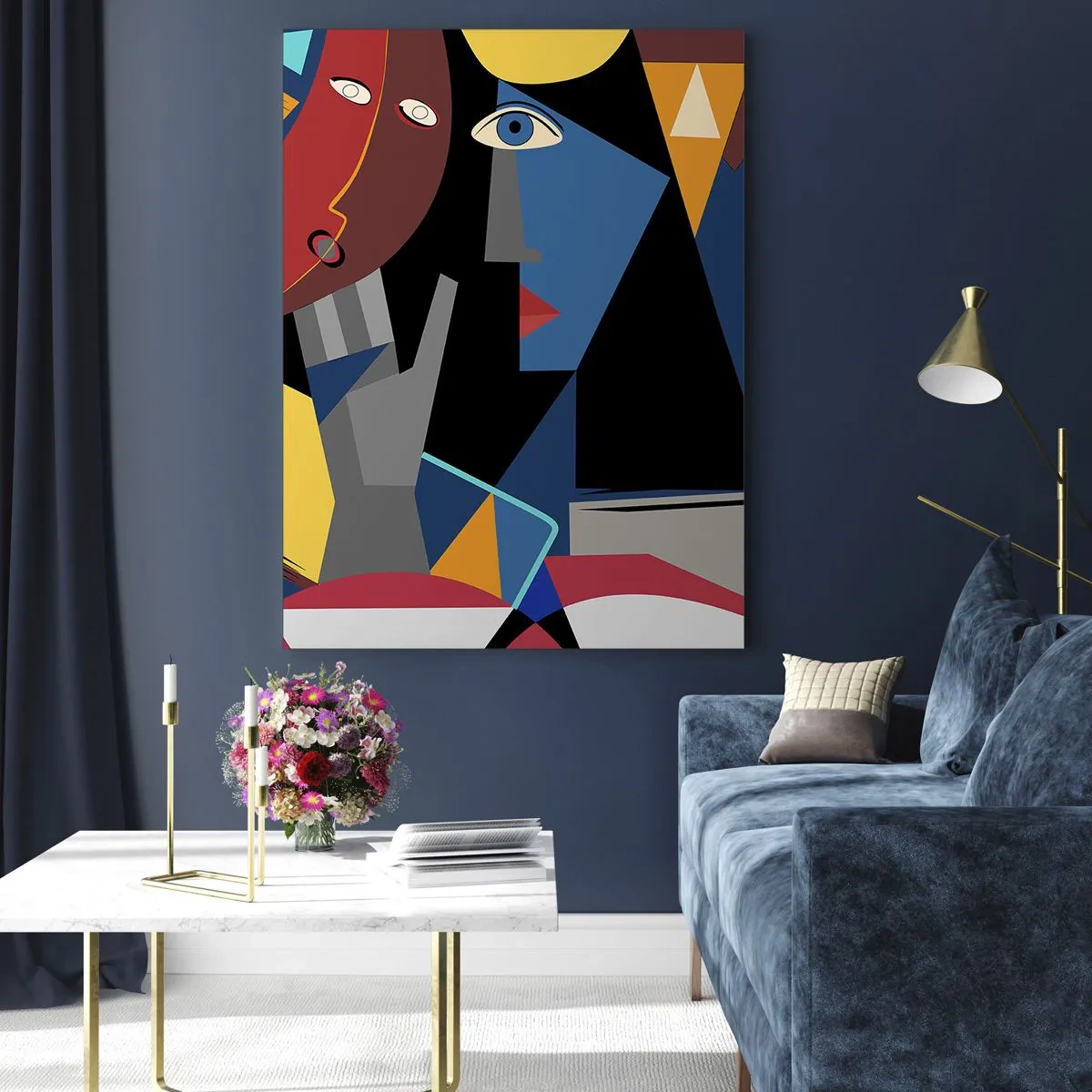 Impression sur verre - Image sur verre - Visages cubistes aux couleurs intenses - 80x120cm - Une conversation entre cubistes - Décoration murale moderne pour le salon et la chambre ARTTOR