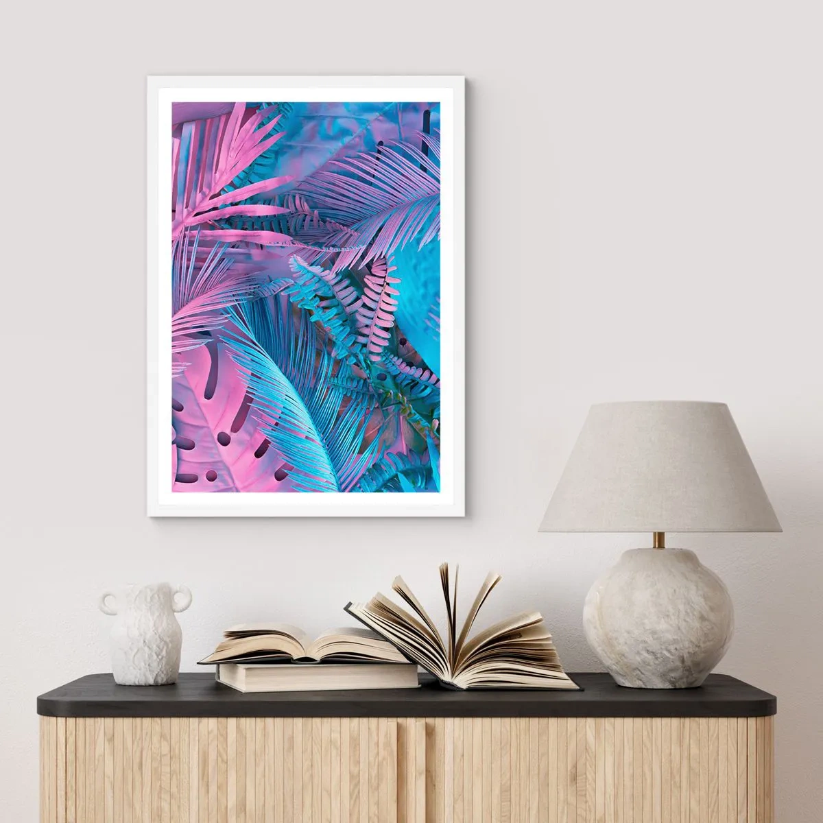Affiche dans un cadre blanc - Poster - Les tropiques en rose et bleu - 50x70 cm