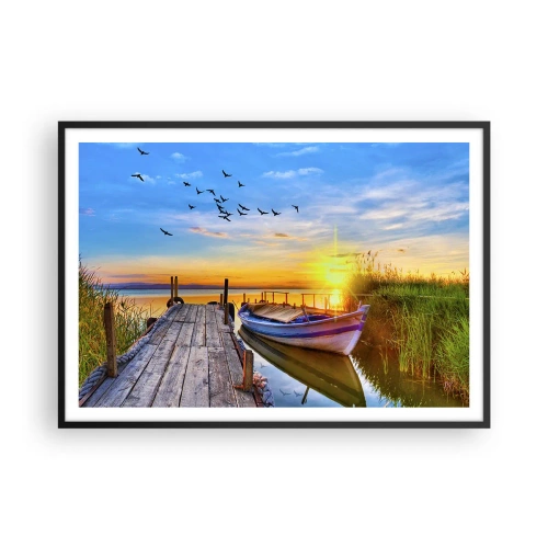 Affiche dans un cadre noir - Poster - Un bateau sur une jetée en bois au coucher du soleil - 100x70cm - Au revoir, à demain - Décoration murale moderne pour le salon et la chambre ARTTOR