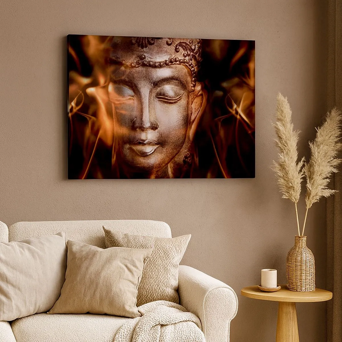 Impression sur toile - Image sur toile - Une statue de Bouddha au milieu de flammes aux teintes dorées - 70x50cm - Il n'existe qu'ici et maintenant - Décoration murale moderne pour le salon et la chambre ARTTOR