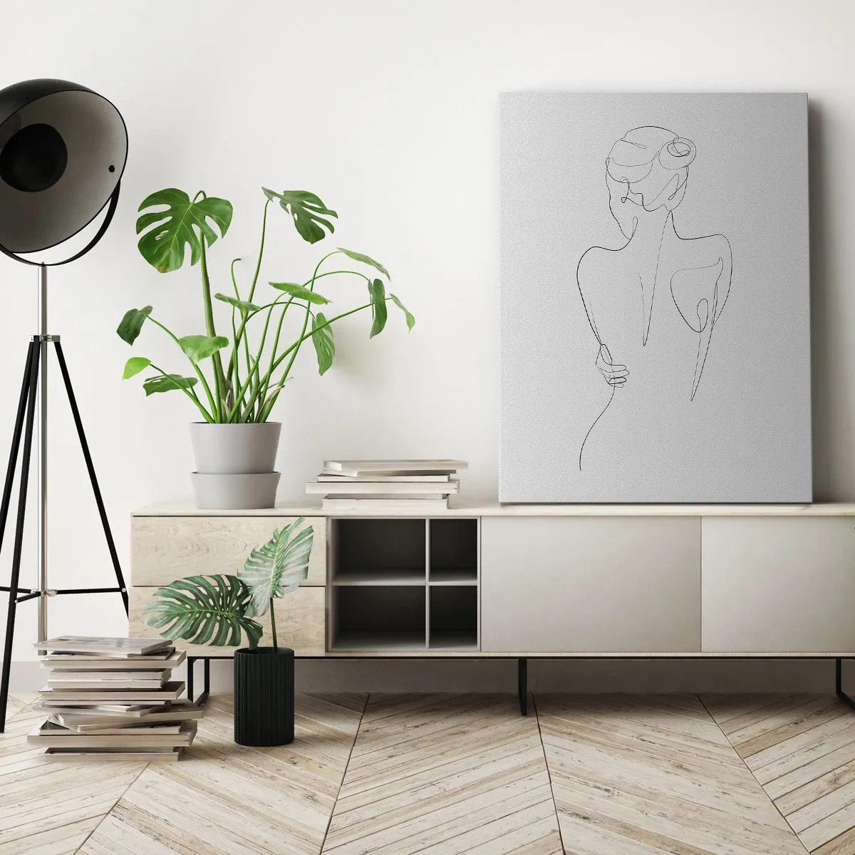 Impression sur toile - Image sur toile - Une ligne de contour montrant une silhouette féminine sur un fond clair - 50x70cm - Musique corporelle - Décoration murale moderne pour le salon et la chambre ARTTOR