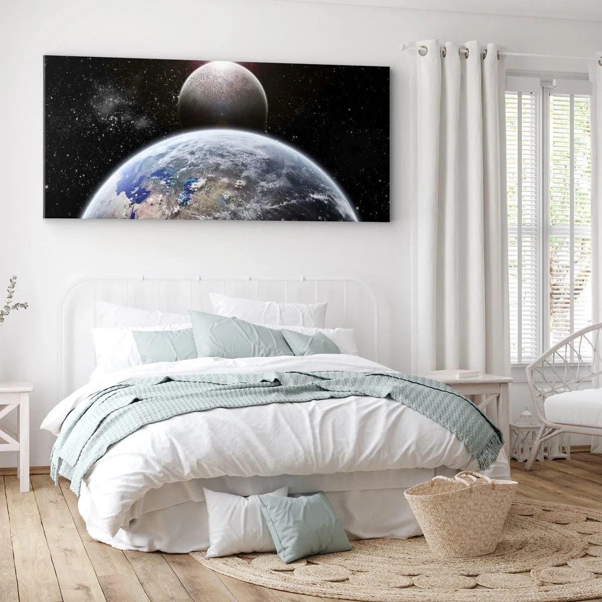 Impression sur toile - Image sur toile - La planète Terre et la Lune sur fond d'espace étoilé. - 120x50cm - Paysage cosmique - lever de soleil - Décoration murale moderne pour le salon et la chambre ARTTOR