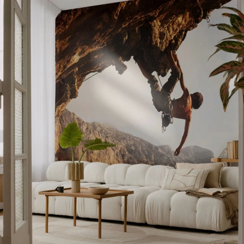 Papier Peint Photo Premium Canvas - Le monde rétréci dans une main sur une coupe de rocher - Île de Kalymnos, Escalade, Paysage - 300x210 cm