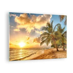 Impression sur verre - Image sur verre - Palm Beach au coucher du soleil avec des couleurs chaudes du ciel - 70x50cm - Été éternel, toujours des vacances - Décoration murale moderne pour le salon et la chambre ARTTOR