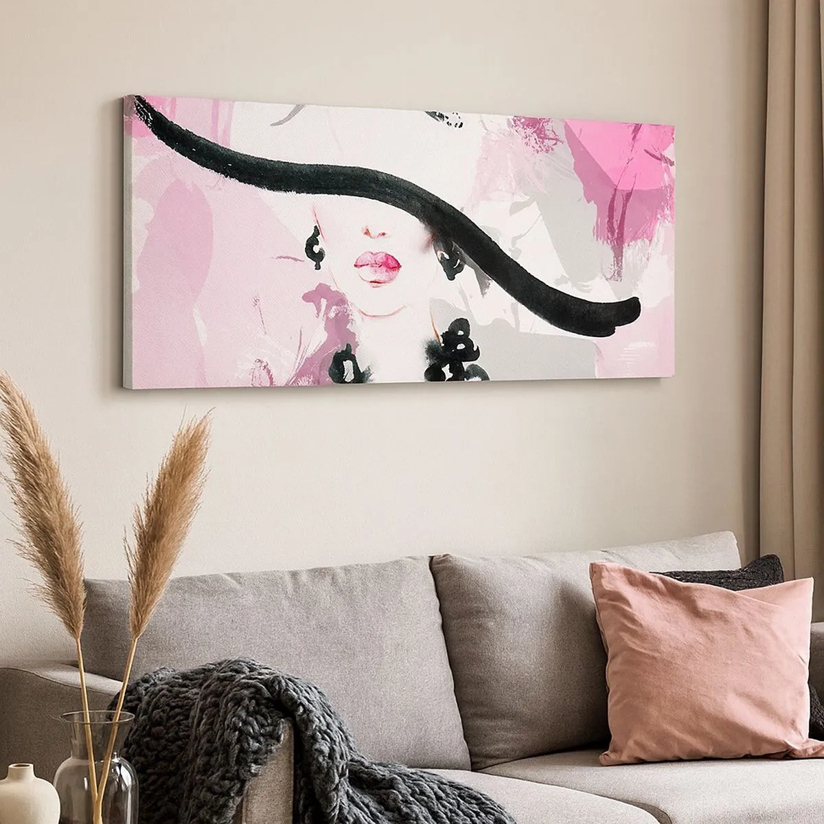 Impression sur toile - Image sur toile - Portrait d'une dame en noir et rose - 100x40 cm