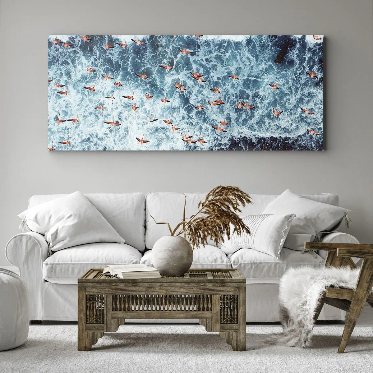 Impression sur toile - Image sur toile - Vue aérienne de flamants roses sur un océan bleu - 120x50cm - Défilé du bord de mer - Décoration murale moderne pour le salon et la chambre ARTTOR