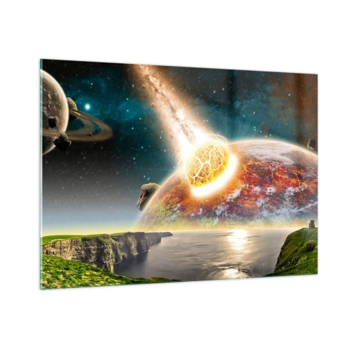 Impression sur verre - Image sur verre - Une météorite entre en collision avec une planète dans l'espace. - 100x70cm - Drame spatial - Décoration murale moderne pour le salon et la chambre ARTTOR