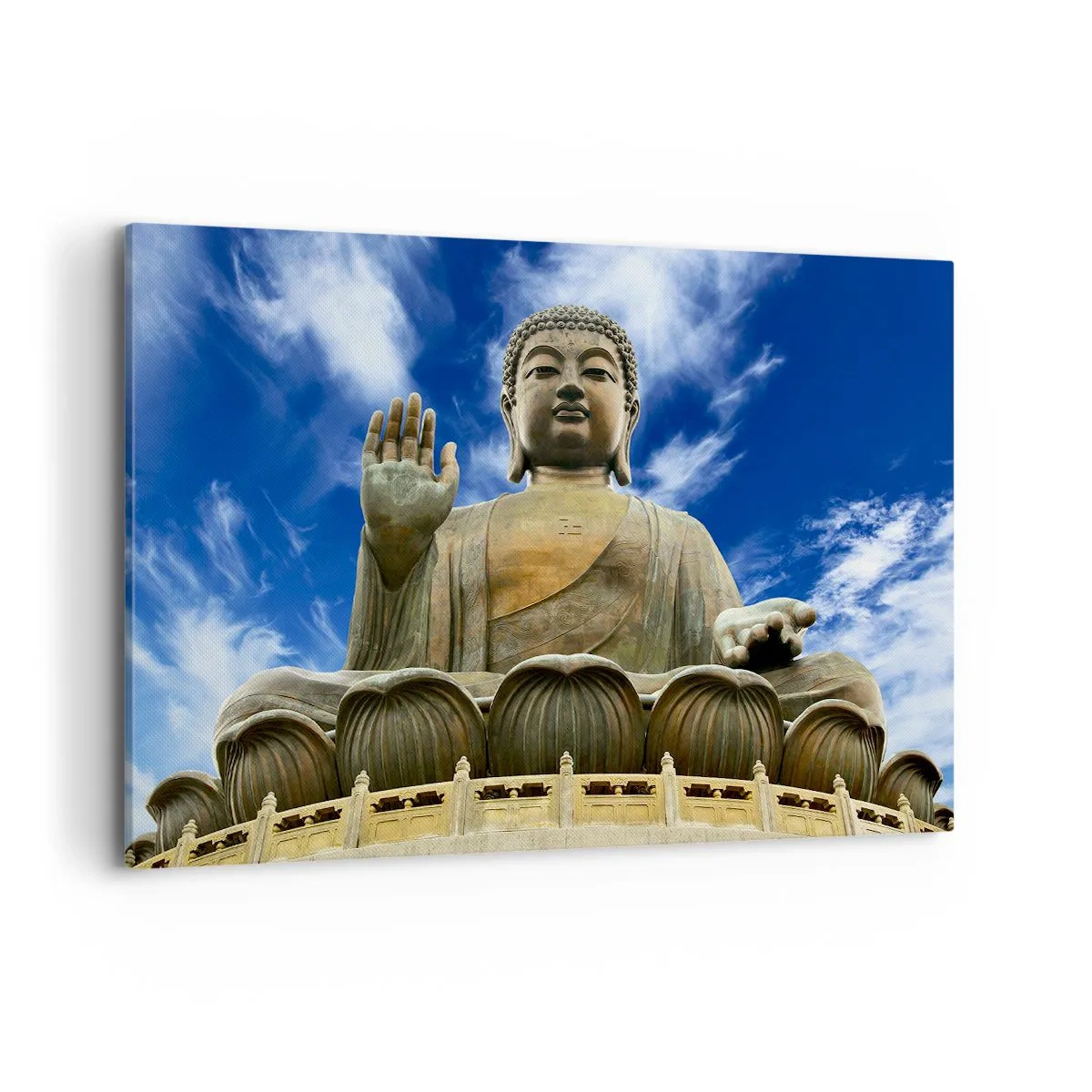 Impression sur toile - Image sur toile - Une statue monumentale de Bouddha contre un ciel bleu avec des nuages - 120x80cm - Vivre sans peur - Décoration murale moderne pour le salon et la chambre ARTTOR