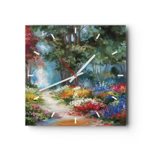 Horloge murale - Pendule murale - Un jardin pittoresque rempli de fleurs et d'arbres colorés dans un cadre forestier - 30x30cm - Jardin forestier, forêt de fleurs - Décoration murale moderne pour le salon et la chambre ARTTOR