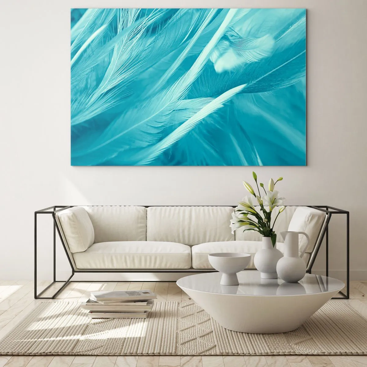 Impression sur verre - Image sur verre - Plumes turquoise en gros plan délicat - 70x50cm - Se noyer dans les plumes - Décoration murale moderne pour le salon et la chambre ARTTOR