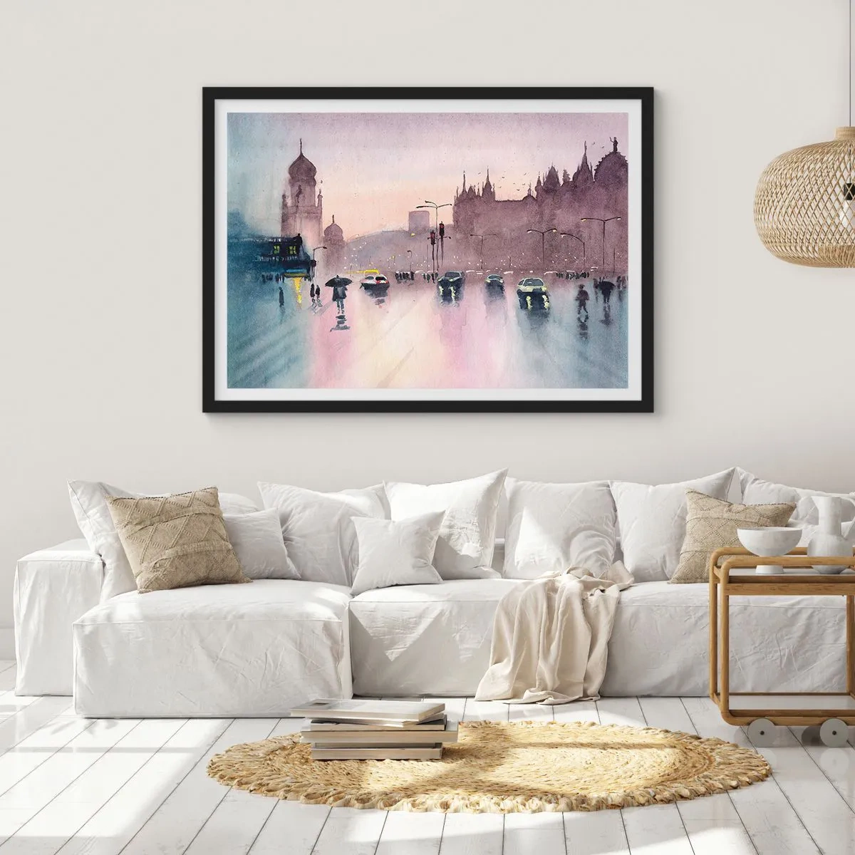 Affiche dans un cadre noir - Poster - Une rue de la ville au crépuscule dans un style aquarelle - 70x50cm - Dans une brume pluvieuse - Décoration murale moderne pour le salon et la chambre ARTTOR