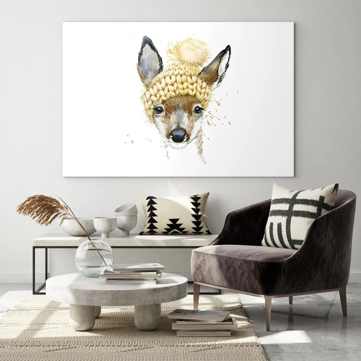 Impression sur verre - Image sur verre - Un chevreuil dans un bonnet en laine avec un pompon - 100x70cm - Pour l'hiver dans la forêt enneigée - Décoration murale moderne pour le salon et la chambre ARTTOR