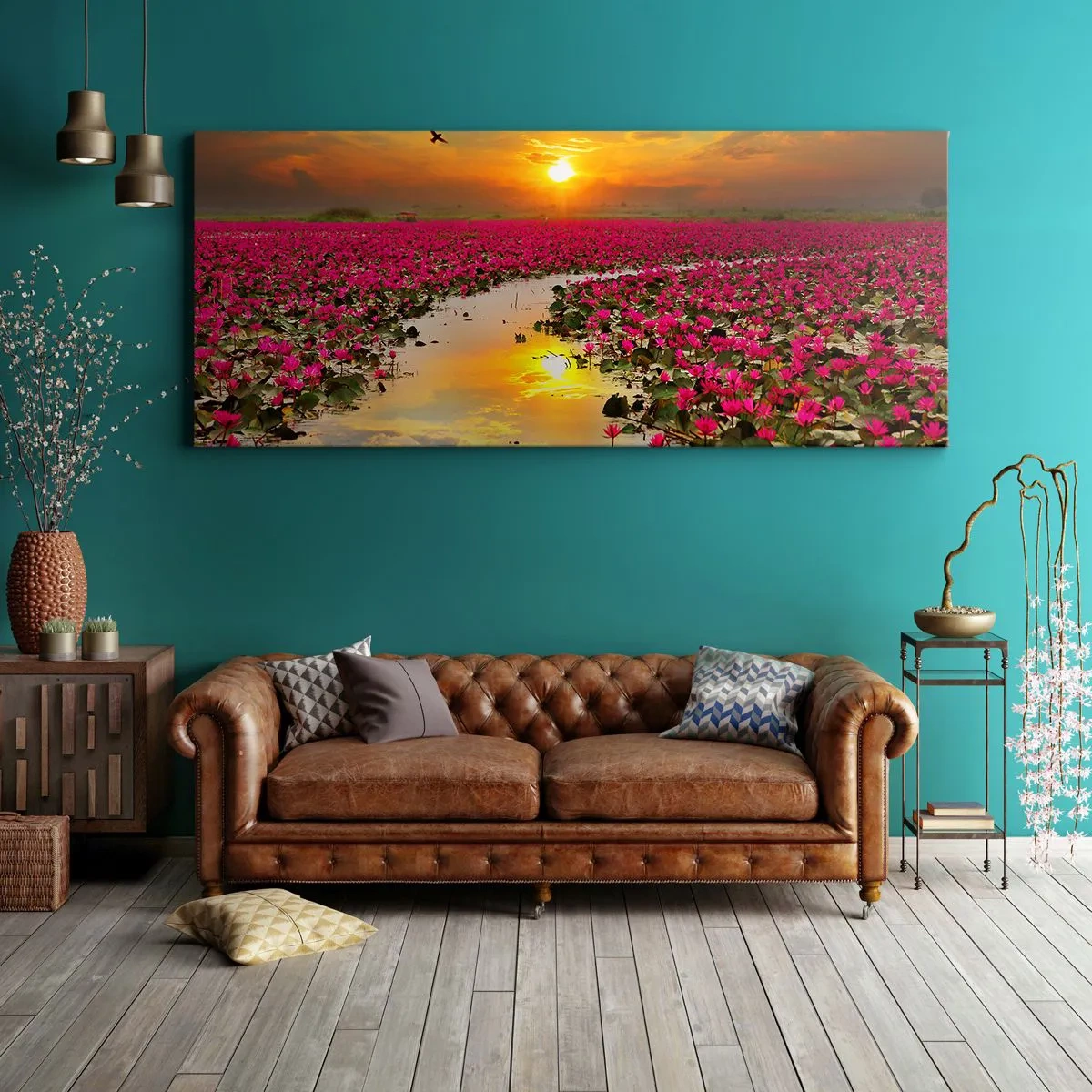Impression sur toile - Image sur toile - Un champ de nénuphars roses au coucher du soleil - 140x50cm - La vie secrète du lac - Décoration murale moderne pour le salon et la chambre ARTTOR
