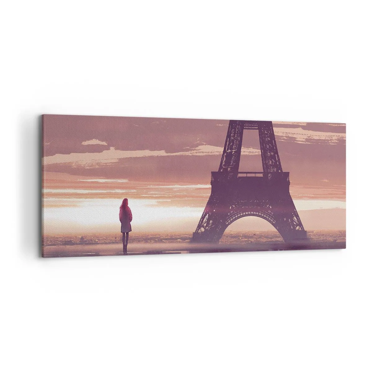 Impression sur toile - Image sur toile - Une silhouette regardant la Tour Eiffel à la lumière du soleil couchant - 120x50cm - Seulement deux d'entre eux - Décoration murale moderne pour le salon et la chambre ARTTOR