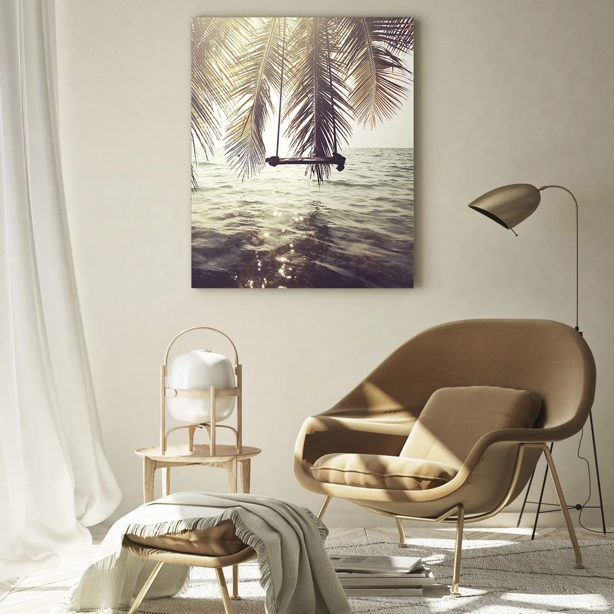 Impression sur verre - Image sur verre - Une plage avec des palmiers et une balançoire sur une mer calme - 50x70cm - Vous pouvez vous balancer dans les nuages