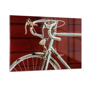 Impression sur verre - Image sur verre - Un vieux vélo de route des années 1970 contre un mur en bois rouge - 120x80cm - Construit pour la victoire - Décoration murale moderne pour le salon et la chambre ARTTOR