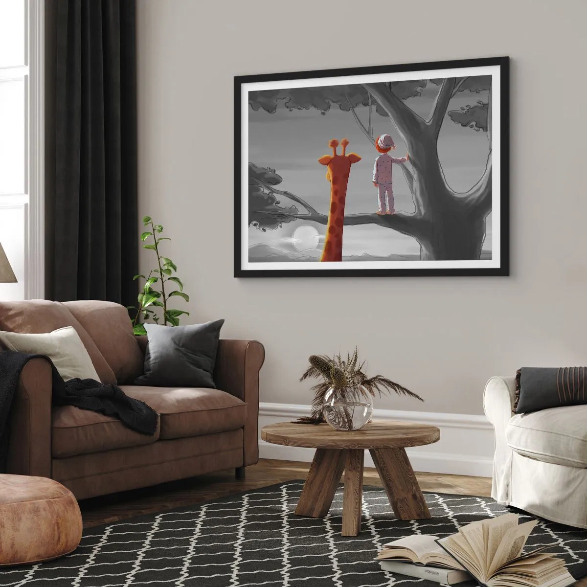 Affiche dans un cadre noir - Poster - Un enfant et une girafe sur une branche d'arbre dans un paysage de conte de fées - 70x50cm - Cela arrive vraiment - Décoration murale moderne pour le salon et la chambre ARTTOR