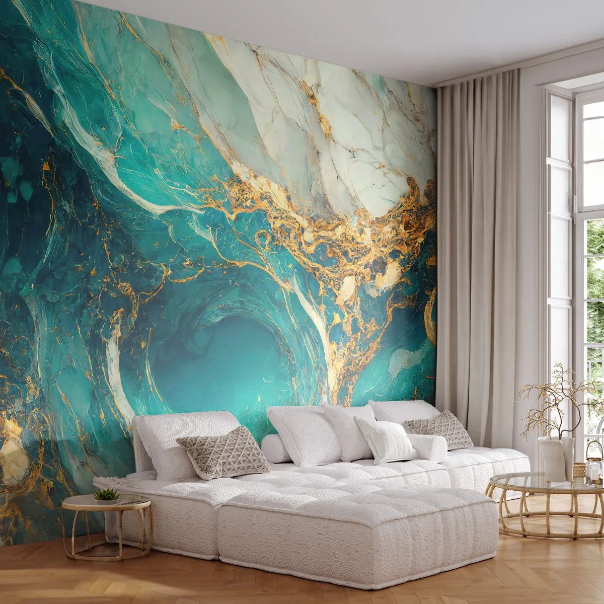 Papier Peint Photo Premium Canvas - Composition en veines d'or - Abstraction, Marbre, Pierre - 250x175 cm