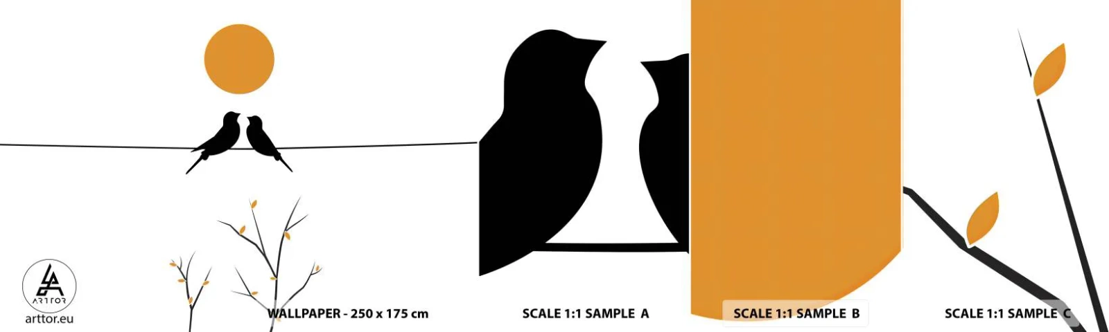 Échantillon De Papier Peint Standard Eco - Soirée pour rossignols - Abstraction, Des oiseaux, Graphique - 100x30 cm
