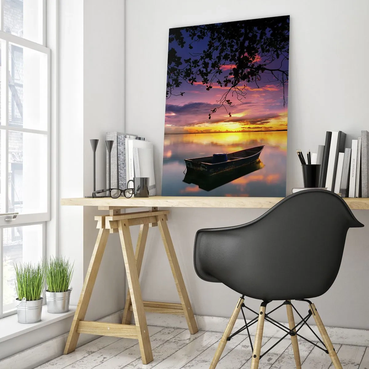 Impression sur verre - Image sur verre - Un bateau sur une eau calme au coucher du soleil - 80x120cm - "Tu sembles suspendu au milieu du ciel..." - Décoration murale moderne pour le salon et la chambre ARTTOR