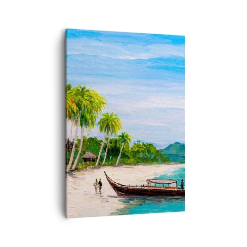 Impression sur toile - Image sur toile - Une plage exotique avec des palmiers et un bateau sur le rivage - 50x70cm - Rêve exotique - Décoration murale moderne pour le salon et la chambre ARTTOR