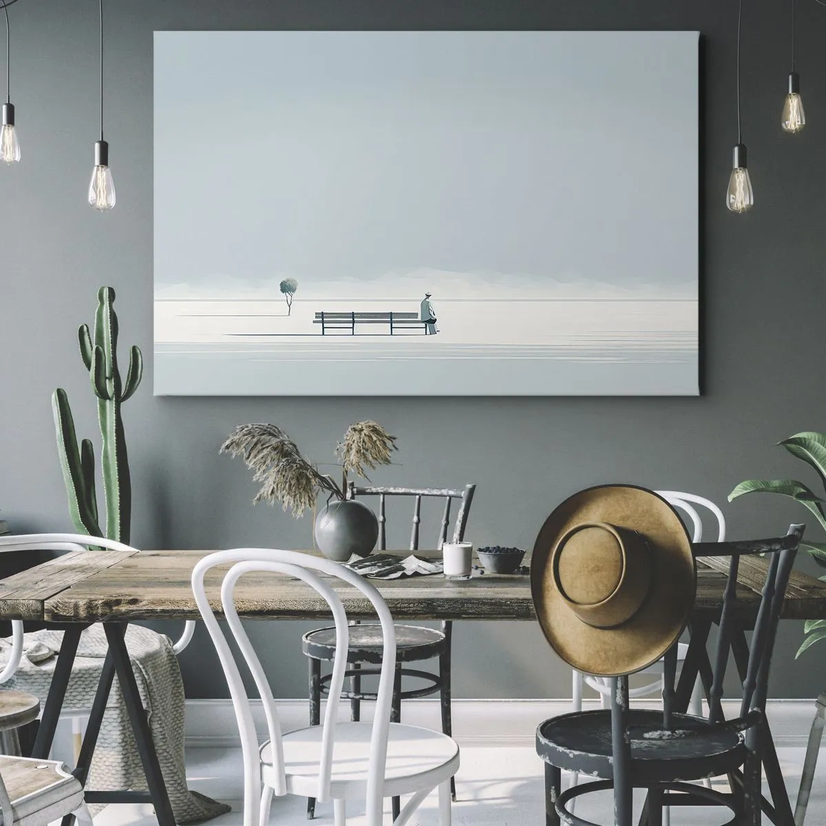 Impression sur toile - Image sur toile - Une personne assise sur un banc dans un paysage minimaliste - 120x80cm - Oui, j'attends. - Décoration murale moderne pour le salon et la chambre ARTTOR