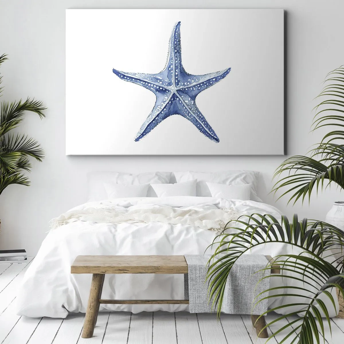 Impression sur toile - Image sur toile - Étoile de mer bleue sur fond blanc dans un style minimaliste - 70x50cm - Étoile de mer - Décoration murale moderne pour le salon et la chambre ARTTOR