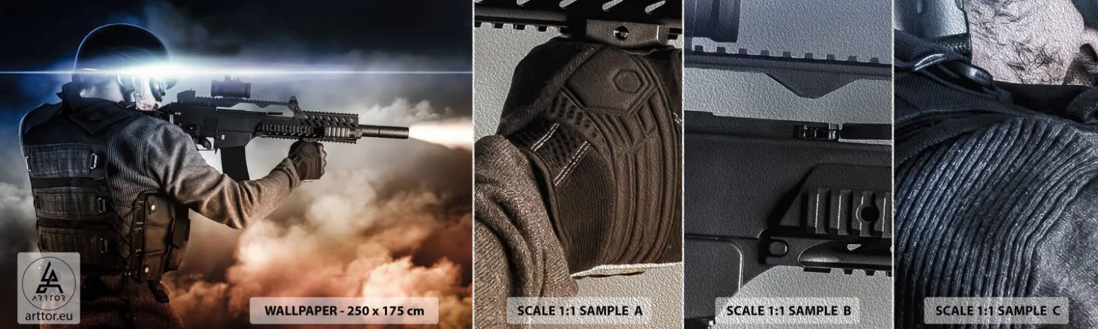 Échantillon de Papier Peint Premium Sand - Tout simplement un héros - Militaire, Arme, Soldat - 100x30 cm