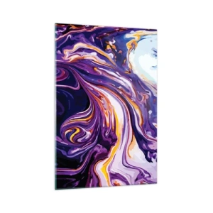 Impression sur verre - Image sur verre - Un motif abstrait dynamique dans des tons de violet et de jaune. - 70x100cm - La courbure de l'espace en violet - Décoration murale moderne pour le salon et la chambre ARTTOR