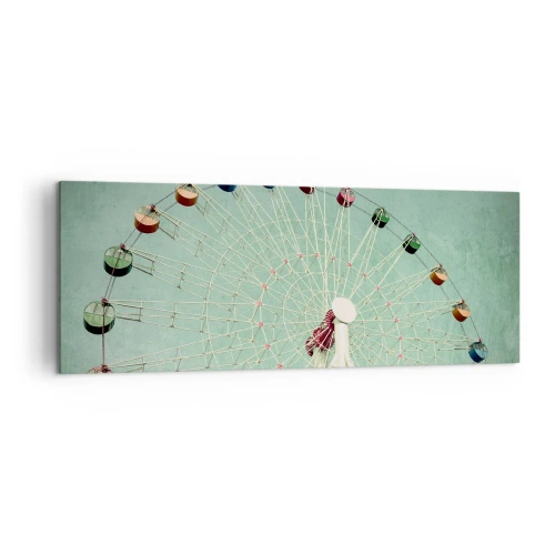 Impression sur toile - Image sur toile - Une grande roue colorée contre un ciel bleu dans un style rétro - 140x50cm - Nous vous invitons à vous amuser - Décoration murale moderne pour le salon et la chambre ARTTOR