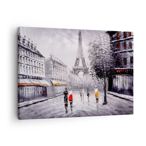 Impression sur toile - Image sur toile - Une vue de la Tour Eiffel dans un décor monochrome avec des touches de couleur - 70x50cm - Balade parisienne - Décoration murale moderne pour le salon et la chambre ARTTOR