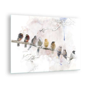 Impression sur verre - Image sur verre - Oiseaux colorés sur une branche dans un style pictural - 70x50cm - Rencontre ailée - Décoration murale moderne pour le salon et la chambre ARTTOR