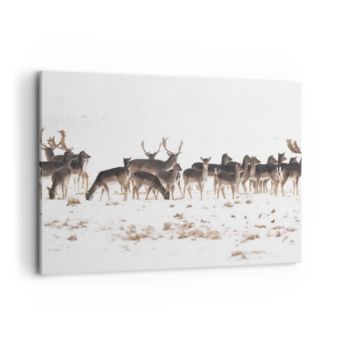 Impression sur toile - Image sur toile - Un troupeau de cerfs sur fond de neige - 100x70cm - Les fêtes approchent ? - Décoration murale moderne pour le salon et la chambre ARTTOR