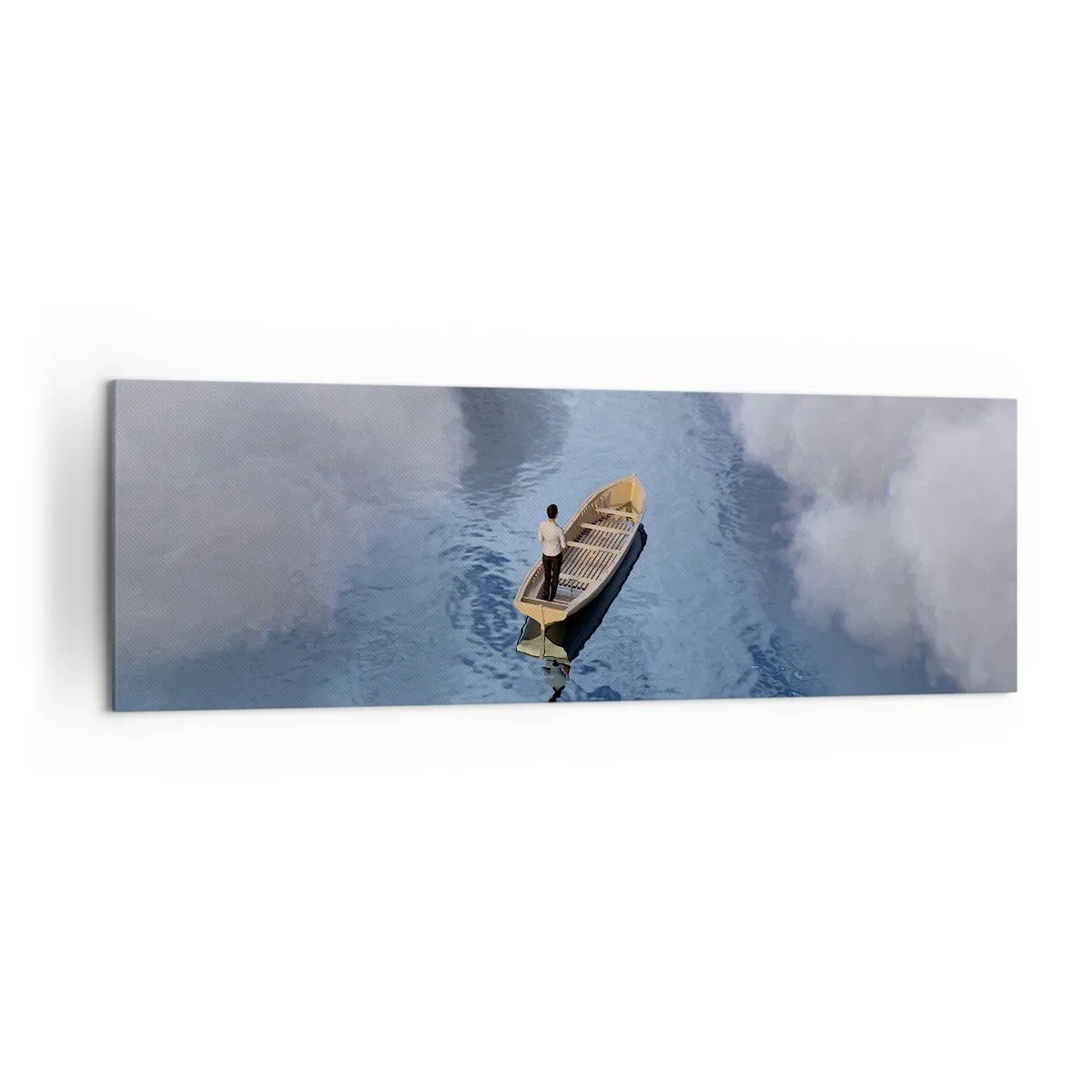 Impression sur toile - Image sur toile - Un homme dans un bateau sur une mer calme entourée de nuages - 160x50cm - Vie – voyage – inconnu - Décoration murale moderne pour le salon et la chambre ARTTOR