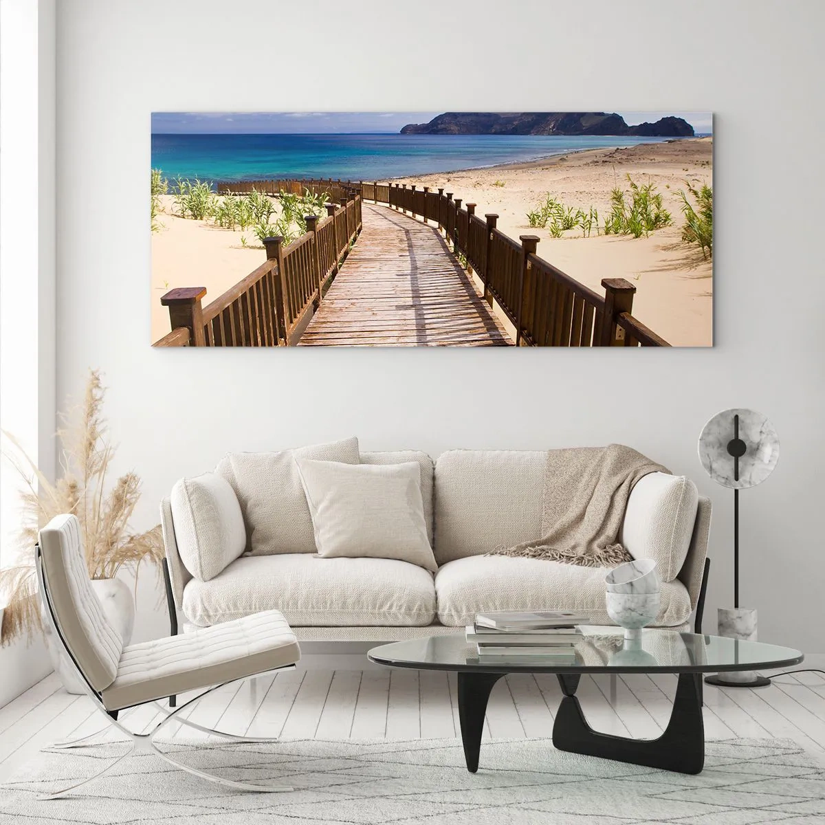 Impression sur verre - Image sur verre - Chemin en bois menant à la plage avec vue sur l'océan - 120x50cm - Emmène-moi dans les îles du bonheur - Décoration murale moderne pour le salon et la chambre ARTTOR