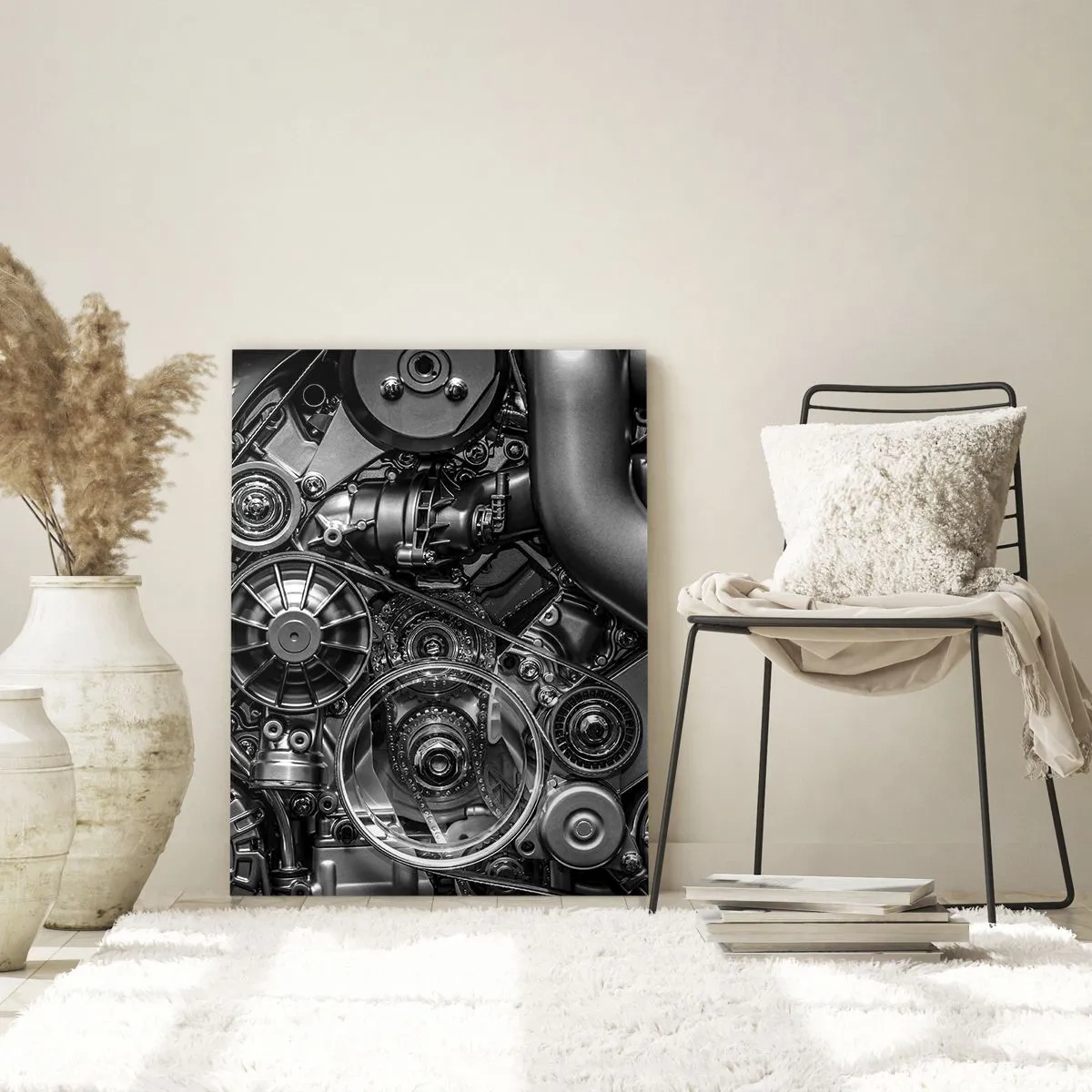 Impression sur verre - Image sur verre - Gros plan noir et blanc des détails mécaniques d'un moteur de voiture. - 80x120cm - Poésie mécanique - Décoration murale moderne pour le salon et la chambre ARTTOR