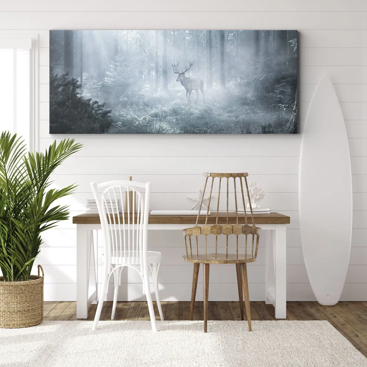 Impression sur toile - Image sur toile - Un cerf dans une forêt dense enveloppée de brume matinale - 120x50cm - Visite matinale du domaine - Décoration murale moderne pour le salon et la chambre ARTTOR