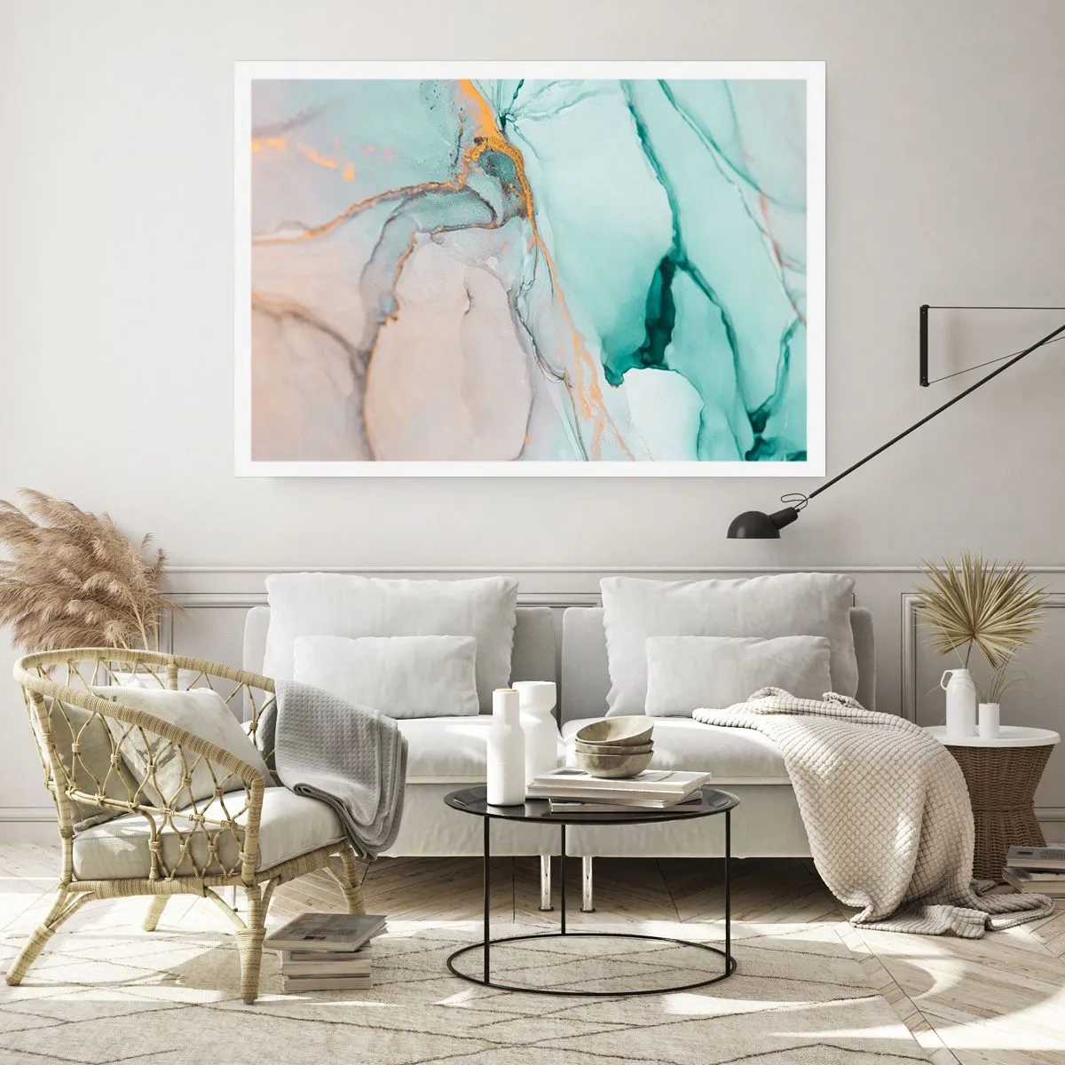 Affiche - Poster - Une composition abstraite dans des tons turquoise et or. - 100x70cm - Danse des formes et des couleurs - Décoration murale moderne pour le salon et la chambre ARTTOR