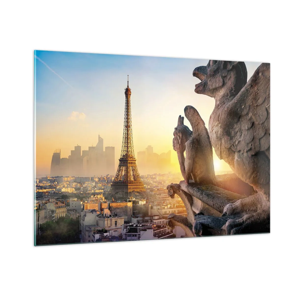 Impression sur verre - Image sur verre - La Tour Eiffel dans le brouillard matinal, avec vue sur Paris et sculptures gothiques - 100x70cm - Tellement de choses ont changés... - Décoration murale moderne pour le salon et la chambre ARTTOR