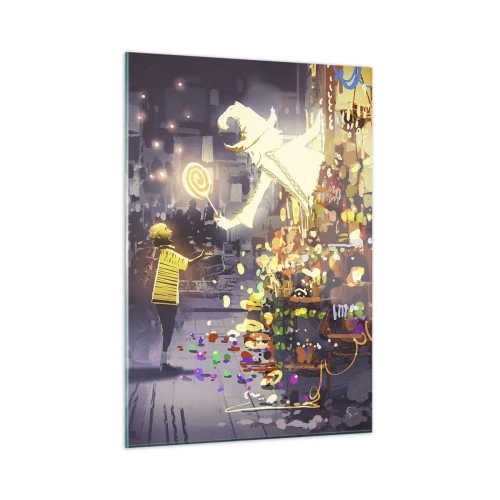 Impression sur verre - Image sur verre - Un enfant en t-shirt léger devant un stand lumineux rempli de bonbons colorés - 50x70cm - La magie existe - Décoration murale moderne pour le salon et la chambre ARTTOR