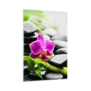 Impression sur verre - Image sur verre - Orchidée violette, pierres noires et bambou dans une composition tranquille - 80x120cm - Dans un équilibre de calme - Décoration murale moderne pour le salon et la chambre ARTTOR