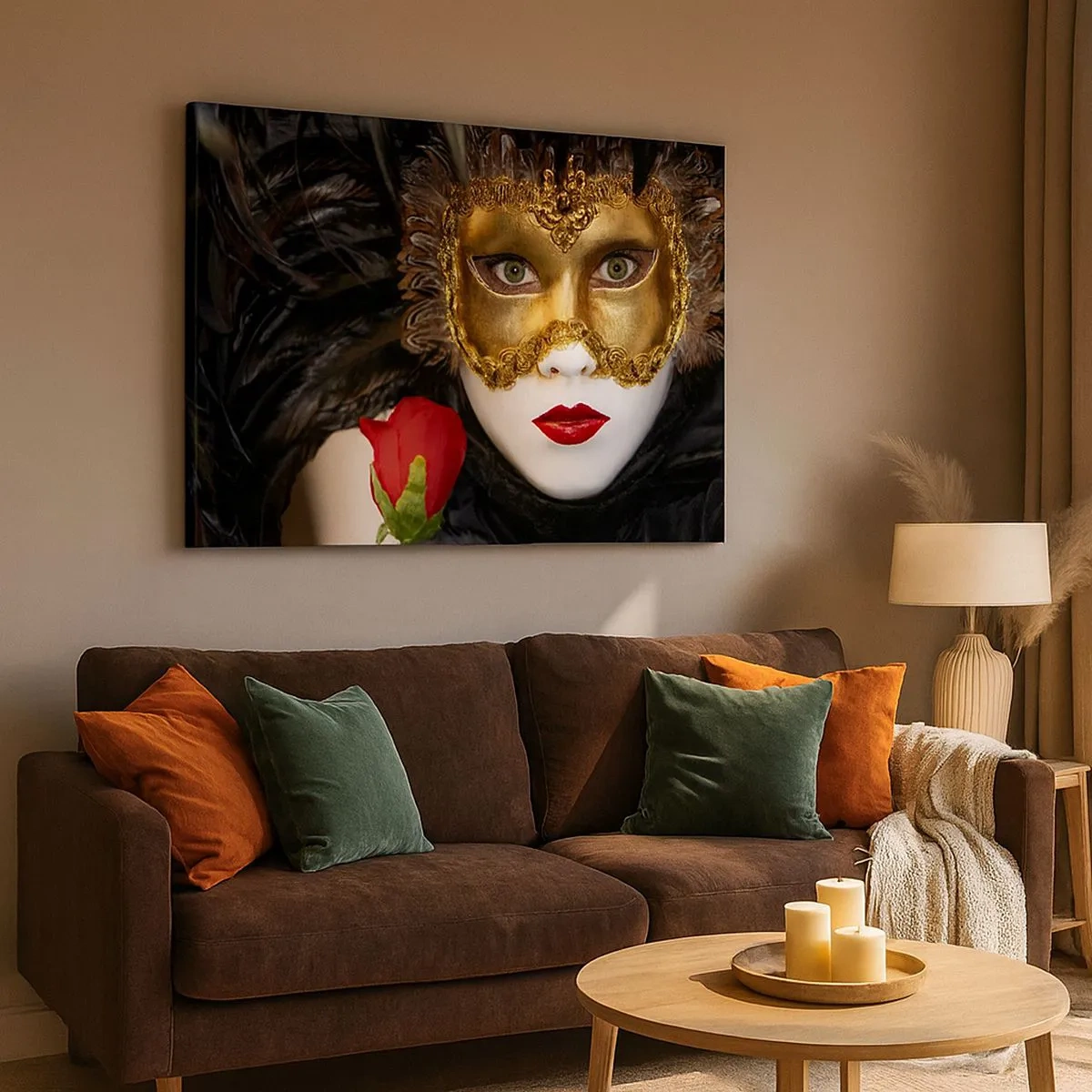 Impression sur toile - Image sur toile - Masque vénitien doré avec plumes et rose rouge, motif mystérieux. - 70x50cm - Parce que la vie est un grand bal - Décoration murale moderne pour le salon et la chambre ARTTOR