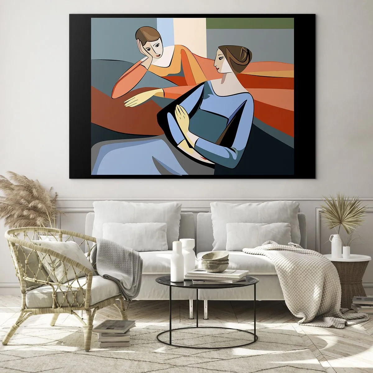 Impression sur verre - Image sur verre - Une scène géométrique d'une conversation entre deux femmes sur fond d'intérieur. - 100x70cm - Un moment de confiance - Décoration murale moderne pour le salon et la chambre ARTTOR