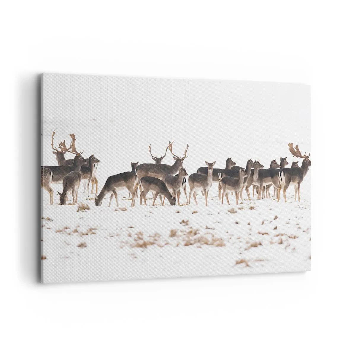 Impression sur toile - Image sur toile - Un troupeau de cerfs sur fond de neige - 120x80cm - Les fêtes approchent ? - Décoration murale moderne pour le salon et la chambre ARTTOR