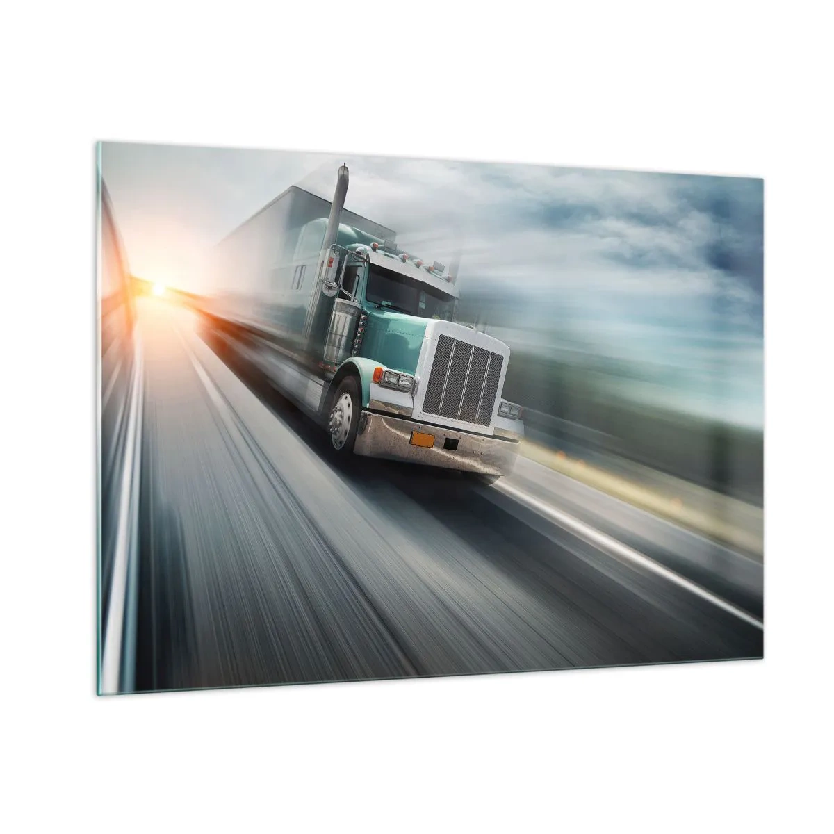 Impression sur verre - Image sur verre - Camion sur l'autoroute au coucher du soleil - 100x70cm - Le géant américain est en fuite - Décoration murale moderne pour le salon et la chambre ARTTOR
