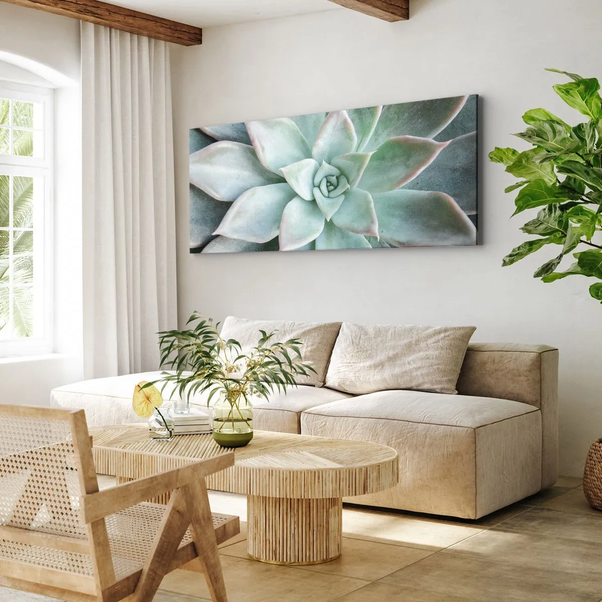 Impression sur toile - Image sur toile - Gros plan d'une succulente verte - 140x50cm - Le coeur du désert - Décoration murale moderne pour le salon et la chambre ARTTOR