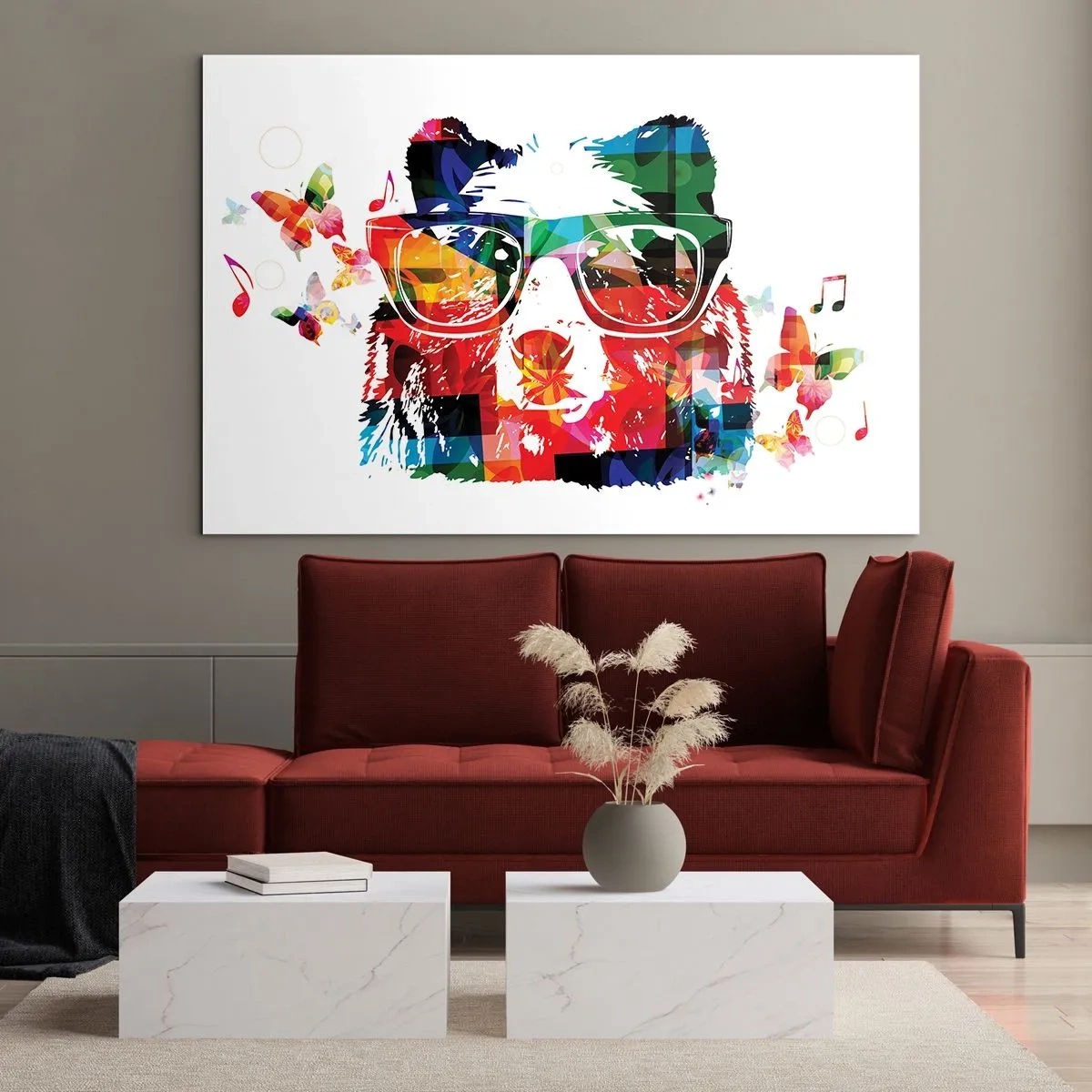 Impression sur verre - Image sur verre - Ours coloré avec des lunettes de style pop art sur le thème de la musique - 120x80cm - Ca plait au chien! - Décoration murale moderne pour le salon et la chambre ARTTOR