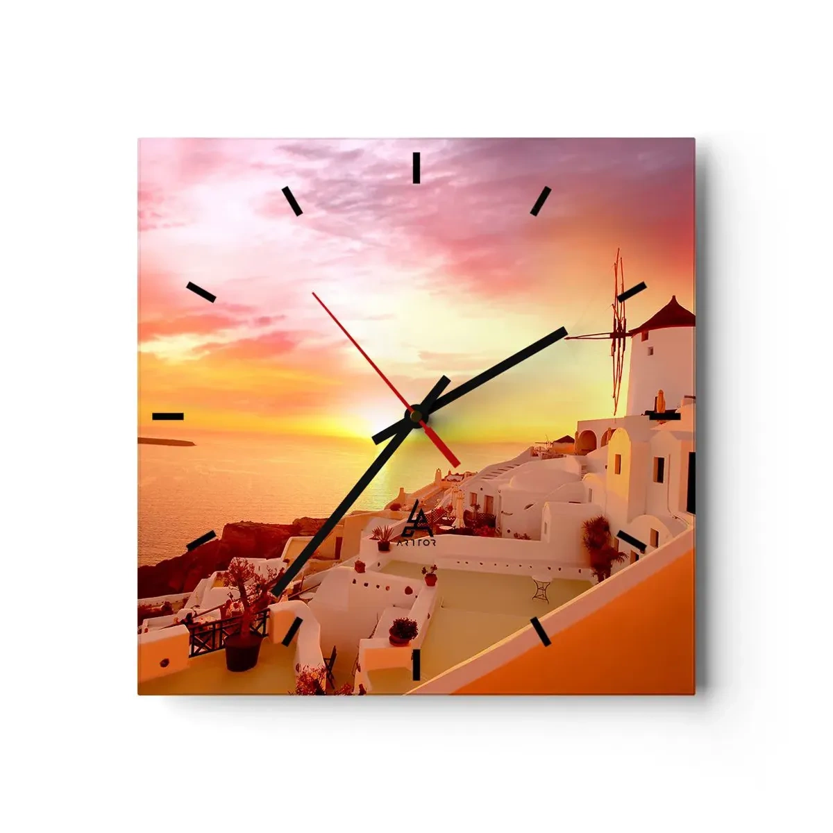 Horloge murale - Pendule murale - Santorin au coucher du soleil avec un moulin à vent - 30x30cm - Fondre en blanc et or - Décoration murale moderne pour le salon et la chambre ARTTOR
