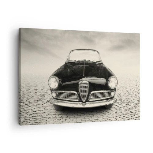 Impression sur toile - Image sur toile - Une voiture classique sur une place pavée dans un style monochrome - 70x50cm - Et alors! Tu ne m'aime pas? - Décoration murale moderne pour le salon et la chambre ARTTOR