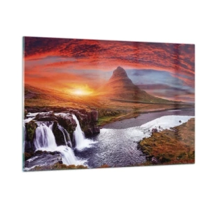 Impression sur verre - Image sur verre - Paysage de montagne avec cascade et coucher de soleil - 120x80cm - Vue de la terre du milieu - Décoration murale moderne pour le salon et la chambre ARTTOR